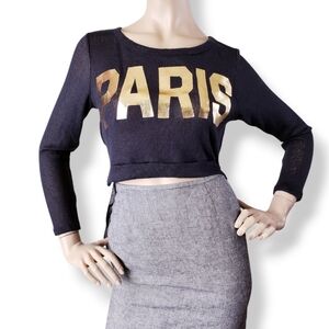 Cleo Black & Gold "Paris" High Low Semi-Sheer Cropped Blouse